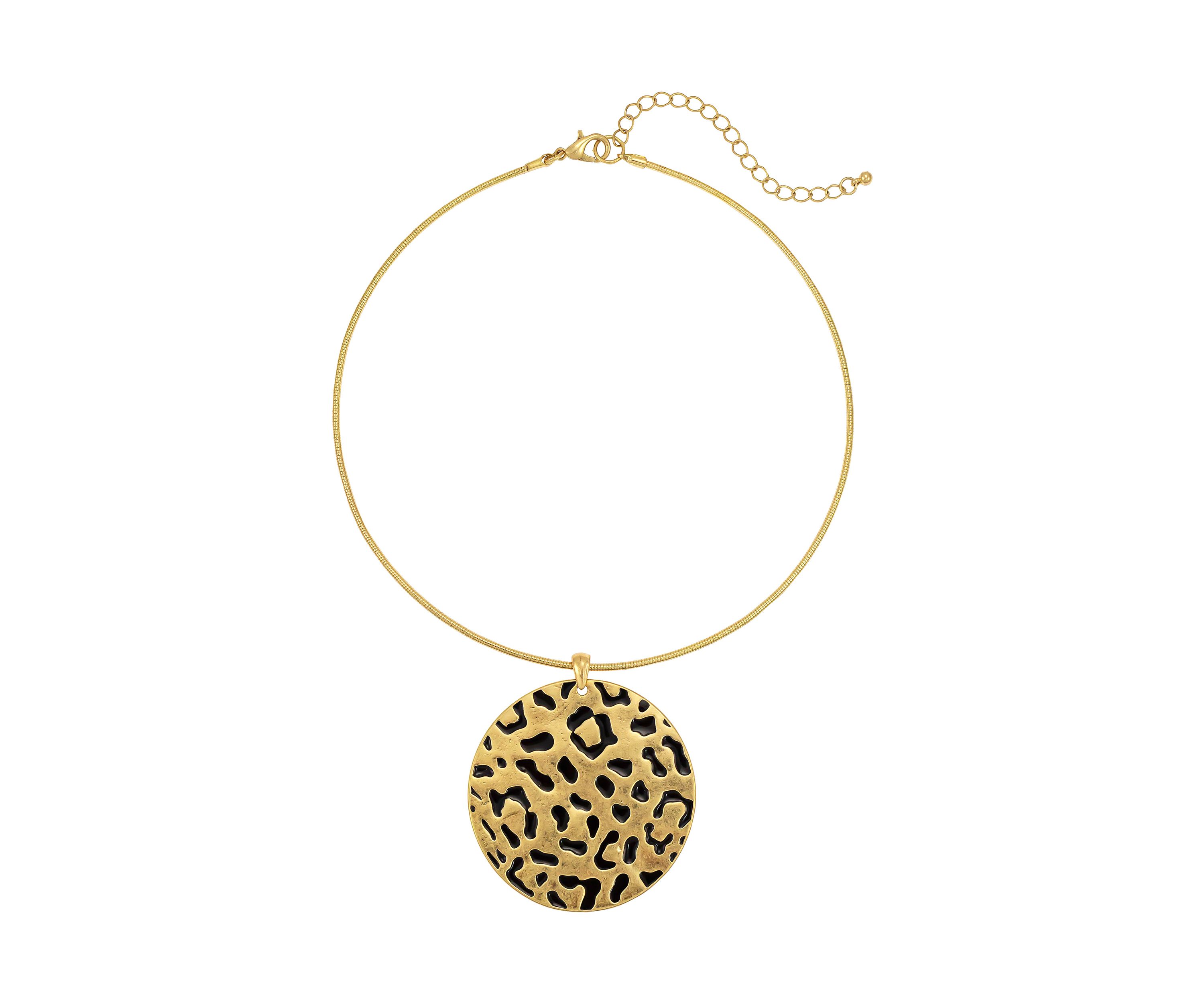 Gold-Tone Collar Neck Wire With Round Leopard Print Metal Pendant Drop Necklace
