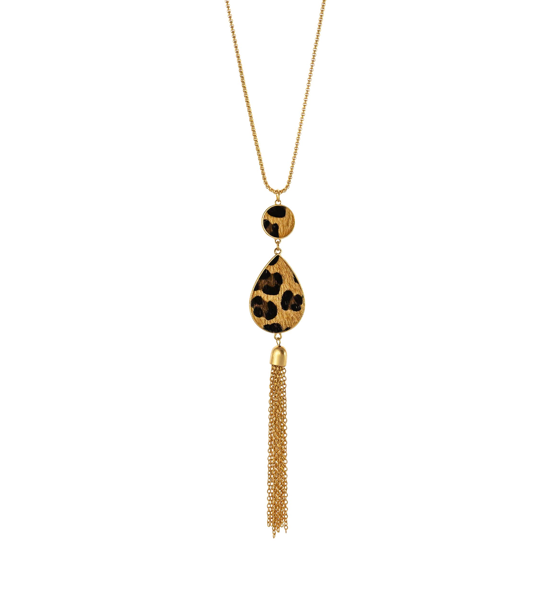 Gold Tone Leopard Print Double Teardrop Necklace with Chain Tassel