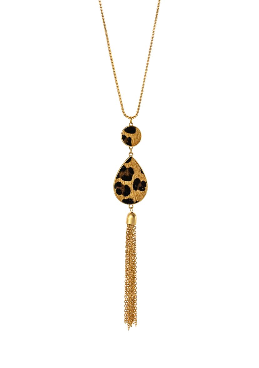 Gold Tone Leopard Print Double Teardrop Necklace with Chain Tassel