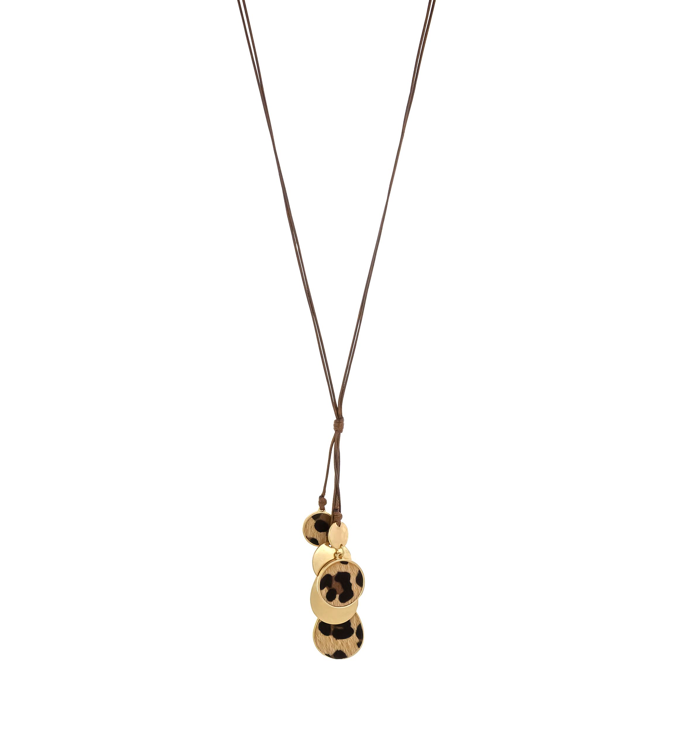 Gold Tone Long Brown Cord Necklace with Multi Leopard Print Disc Tassel Drops