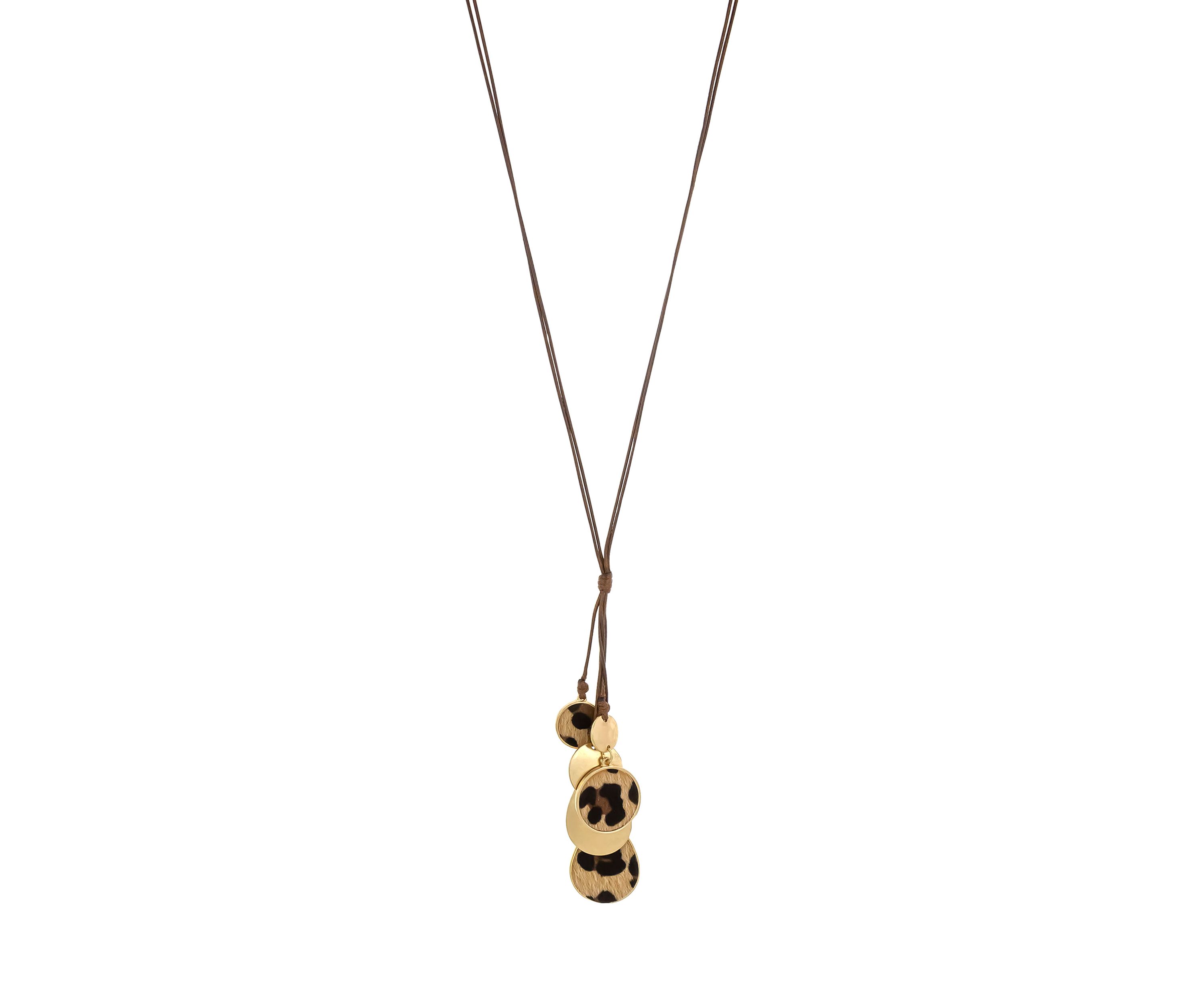Gold Tone Long Brown Cord Necklace with Multi Leopard Print Disc Tassel Drops