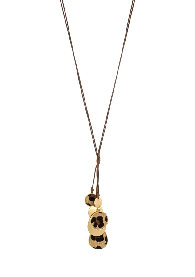 Gold Tone Long Brown Cord Necklace with Multi Leopard Print Disc Tassel Drops