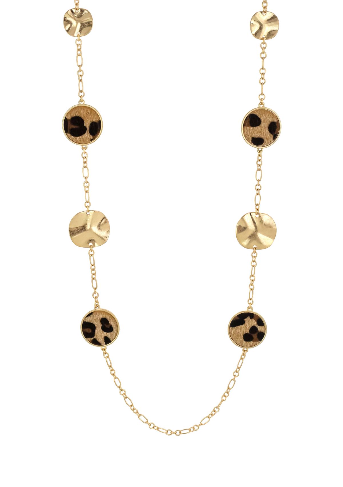 Gold Tone Long Necklace with Leopard Print Round Disc Stations