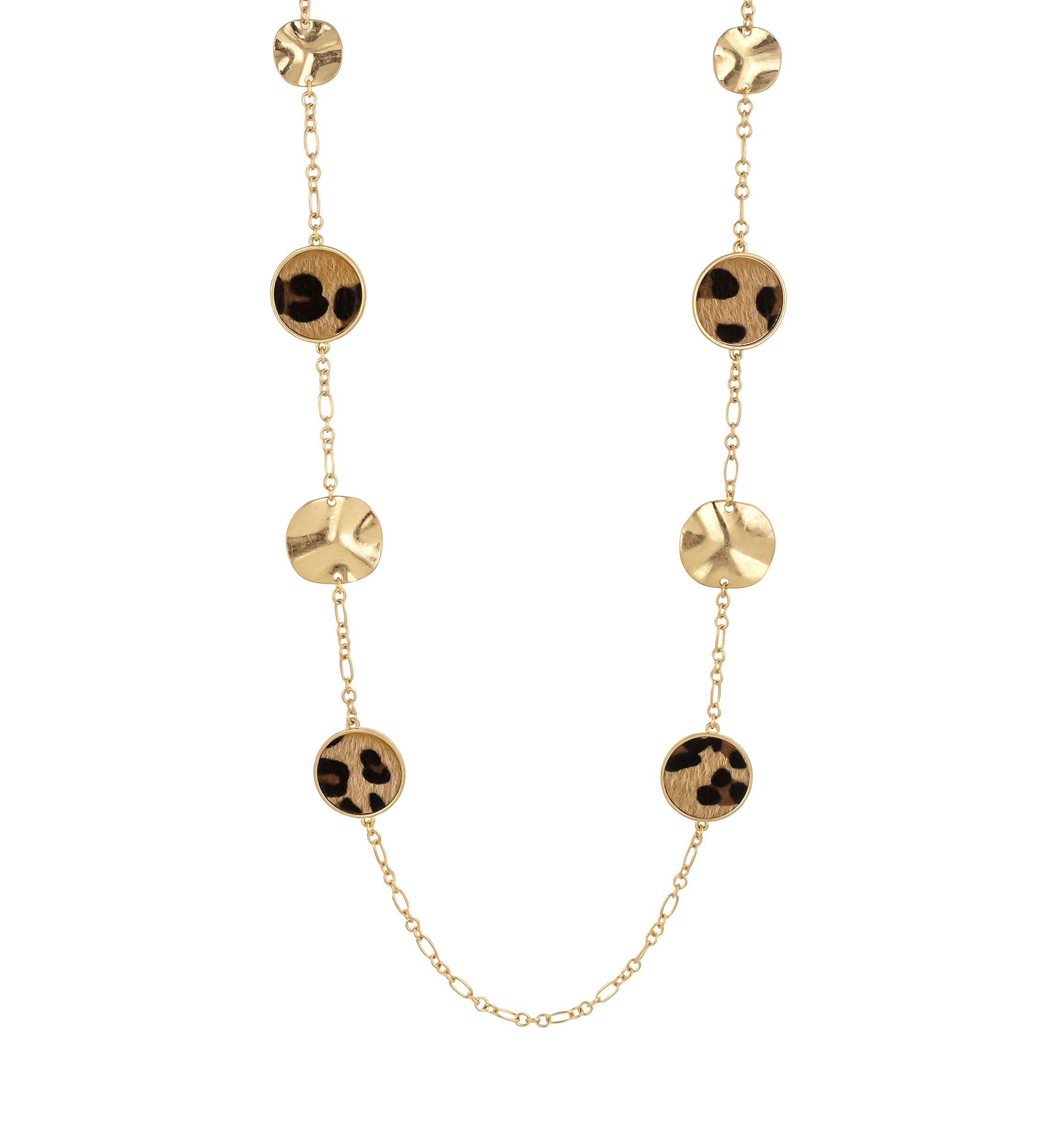 Gold Tone Long Necklace with Leopard Print Round Disc Stations