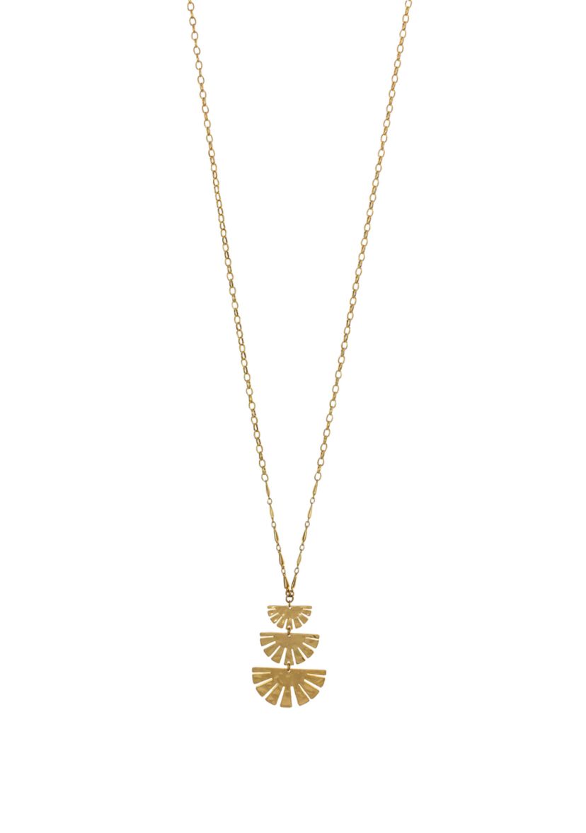 Gold Tone 32 Triple Graduated Fan Pendant On Chain Necklace