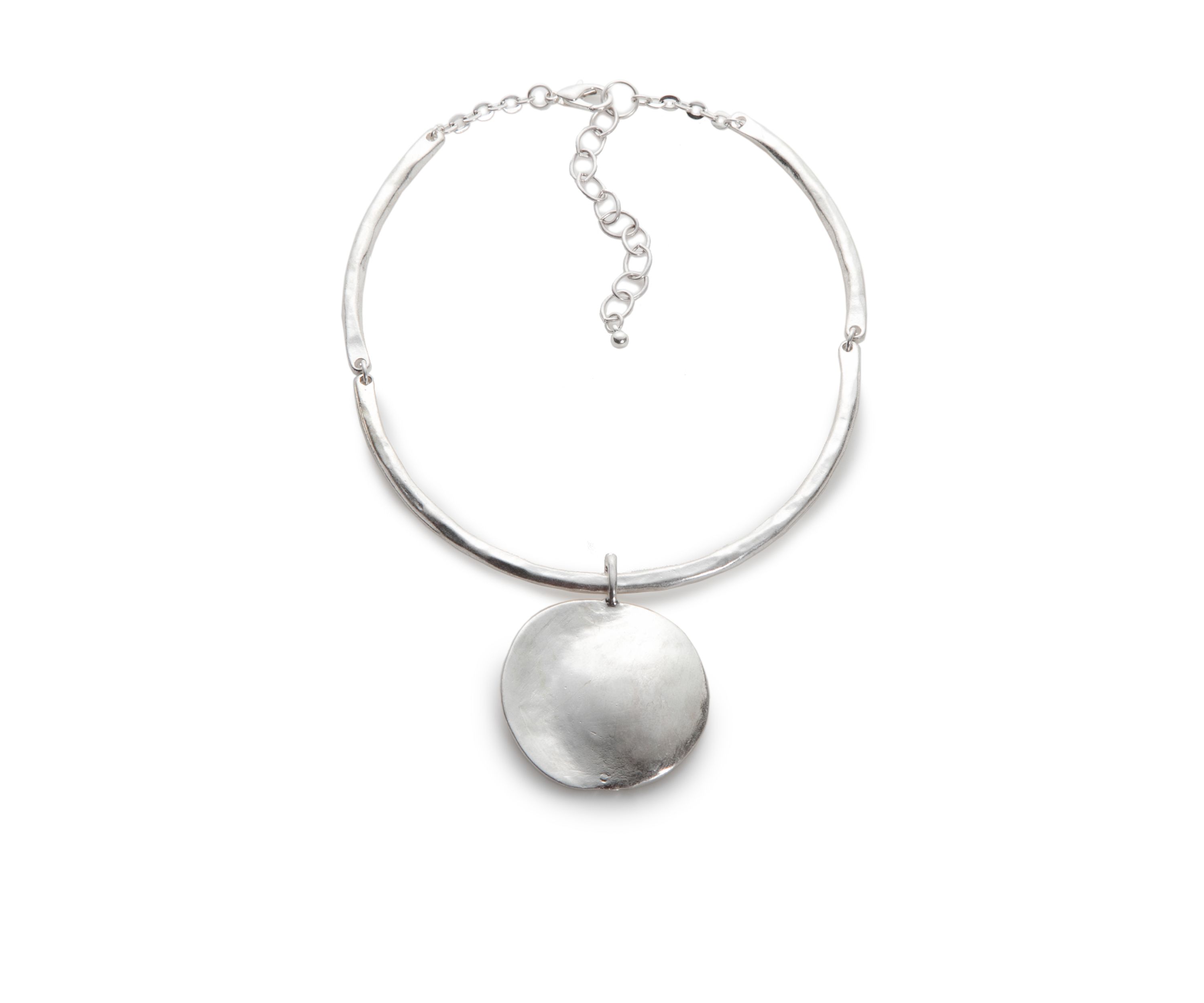Silver Tone Collar With Round Disc Drop Necklace