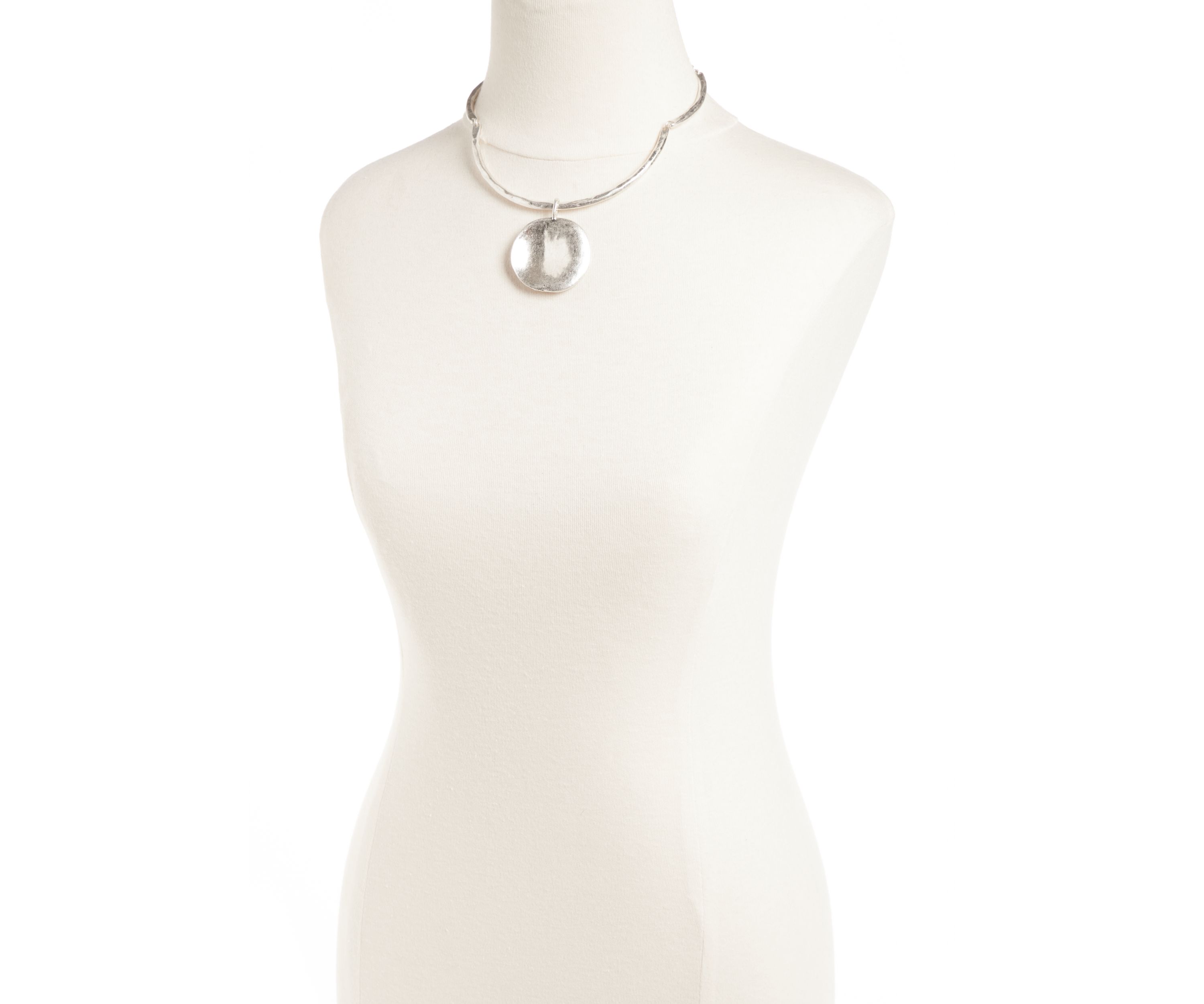 Silver Tone Collar With Round Disc Drop Necklace
