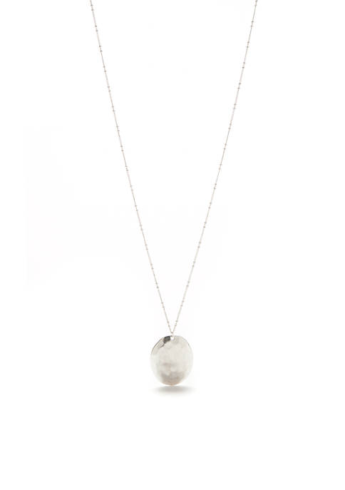 Silver-Tone Casual Metal Stone Disc Pendant Necklace
