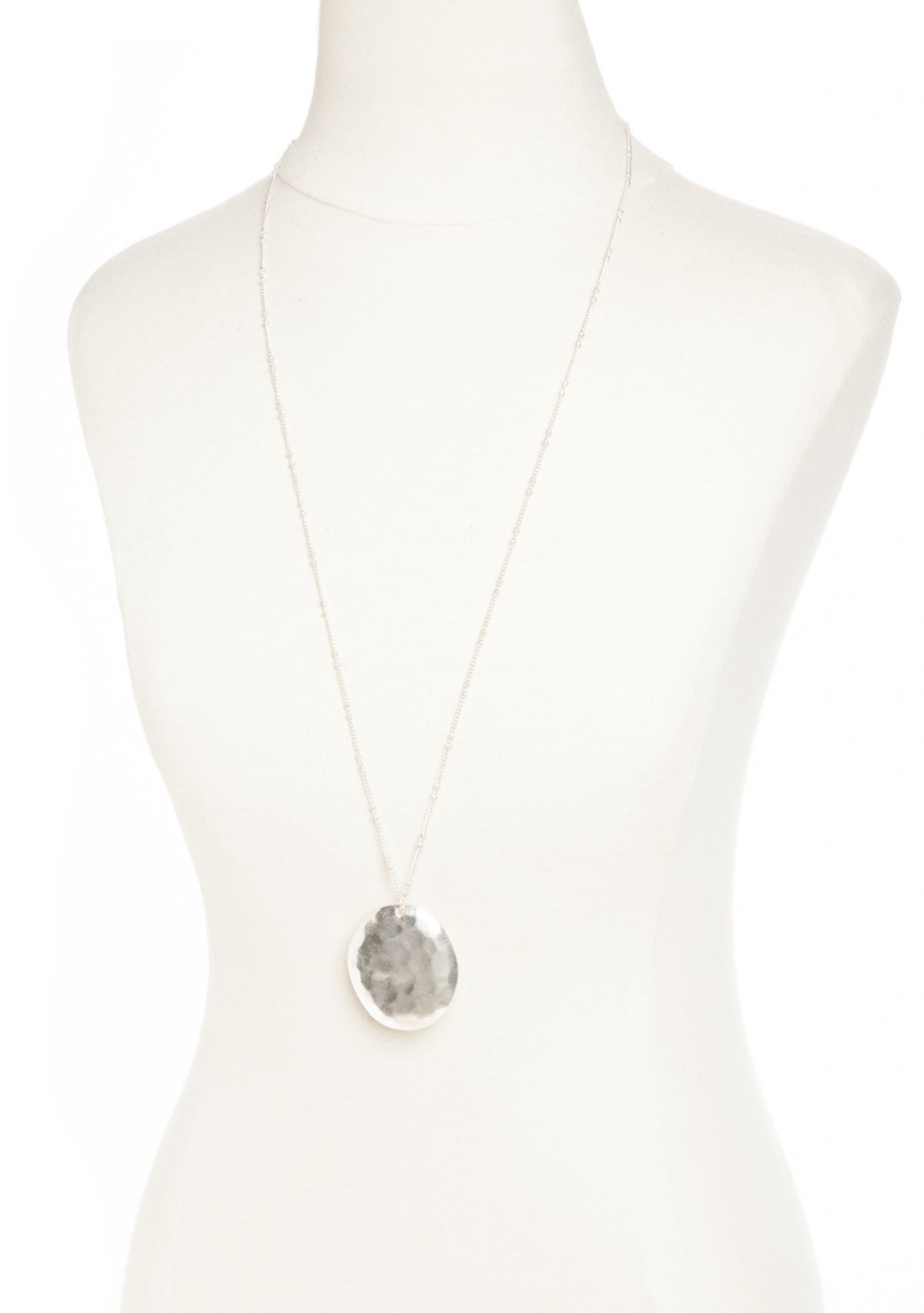 Silver-Tone Casual Metal Stone Disc Pendant Necklace
