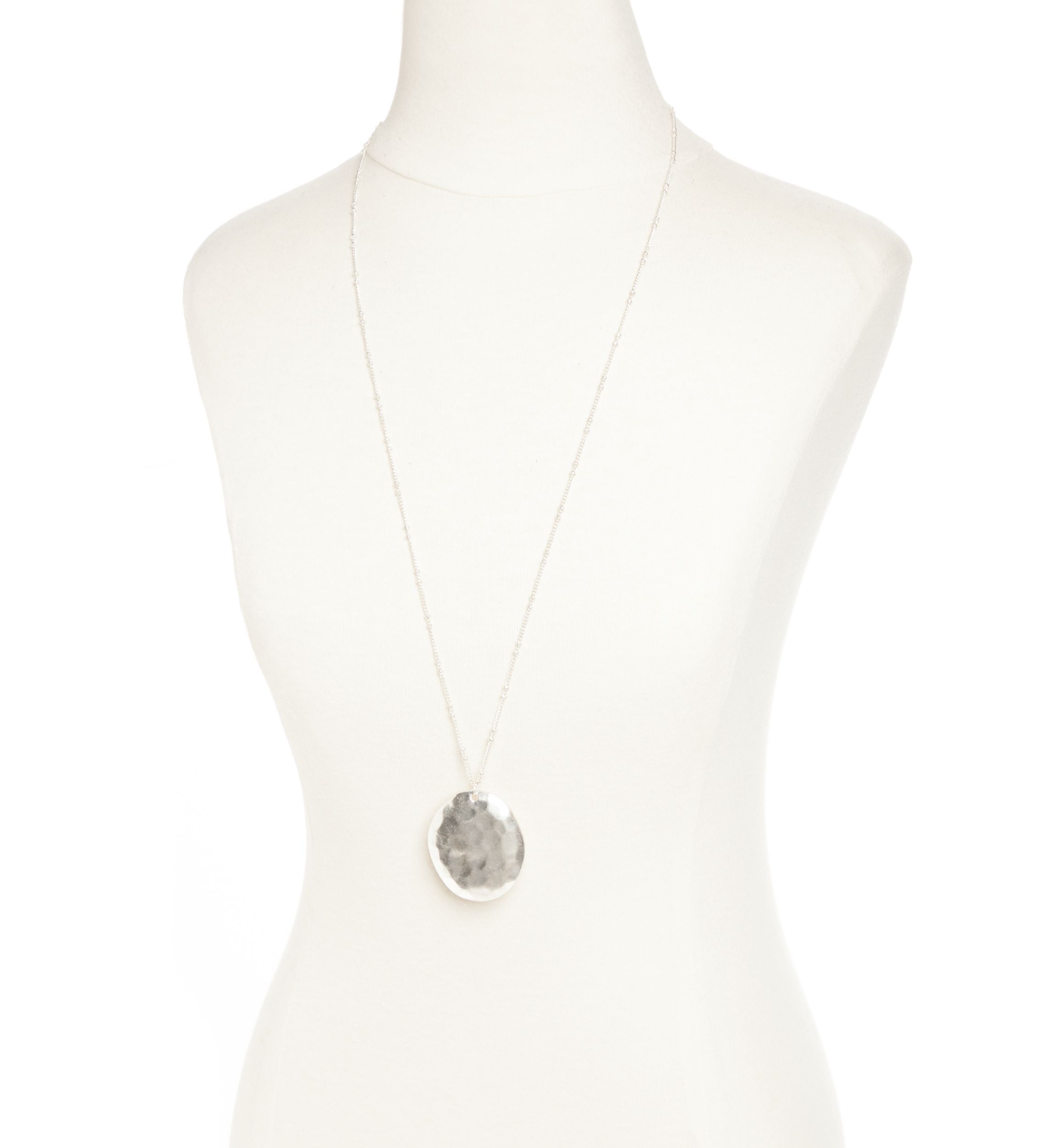 Silver-Tone Casual Metal Stone Disc Pendant Necklace