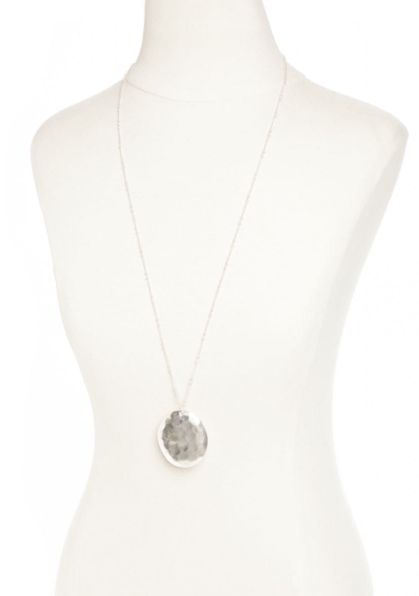 Silver-Tone Casual Metal Stone Disc Pendant Necklace