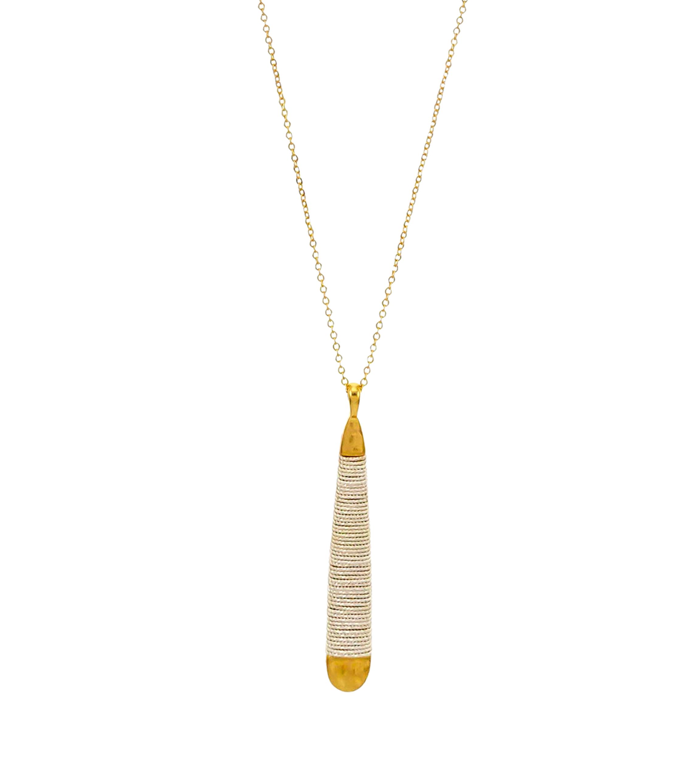Long Gold Tone Bar Pendant with Silver Wire Wrapping Necklace
