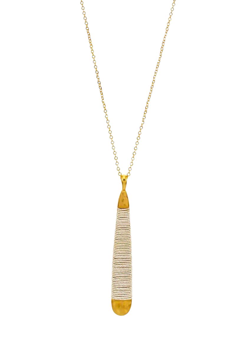 Long Gold Tone Bar Pendant with Silver Wire Wrapping Necklace