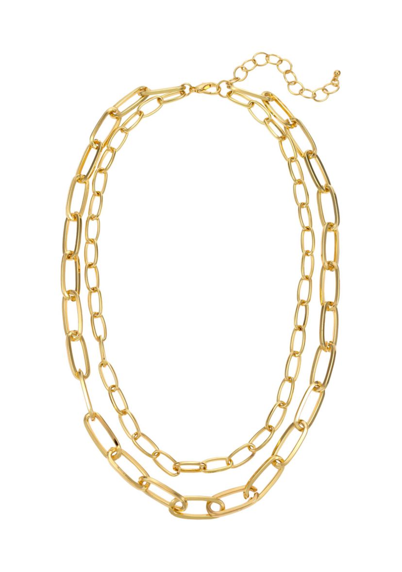 Two Row Short Chain Link Necklace in Gold Tone Metal