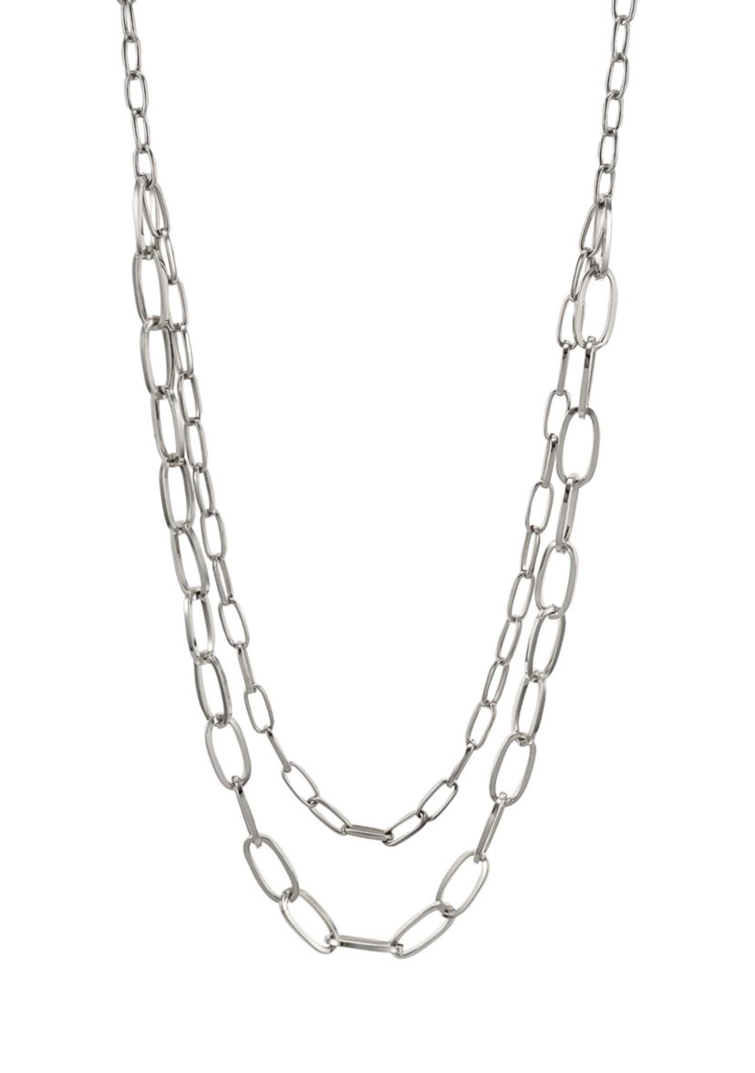 Silver Tone Nested Long 2 Row Chain Link Necklace 