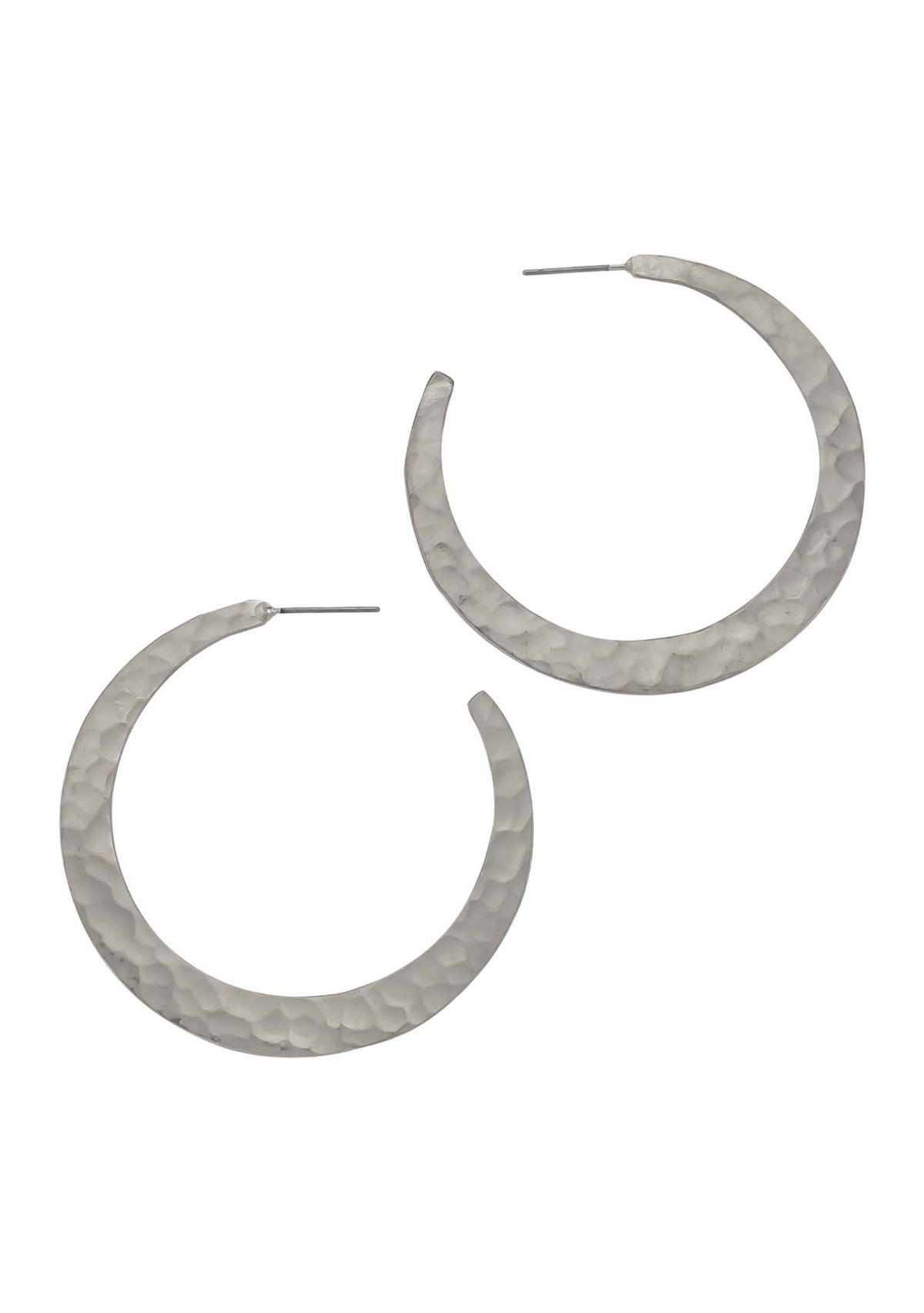 Silver Tone Flat Hammered Post Hoops 