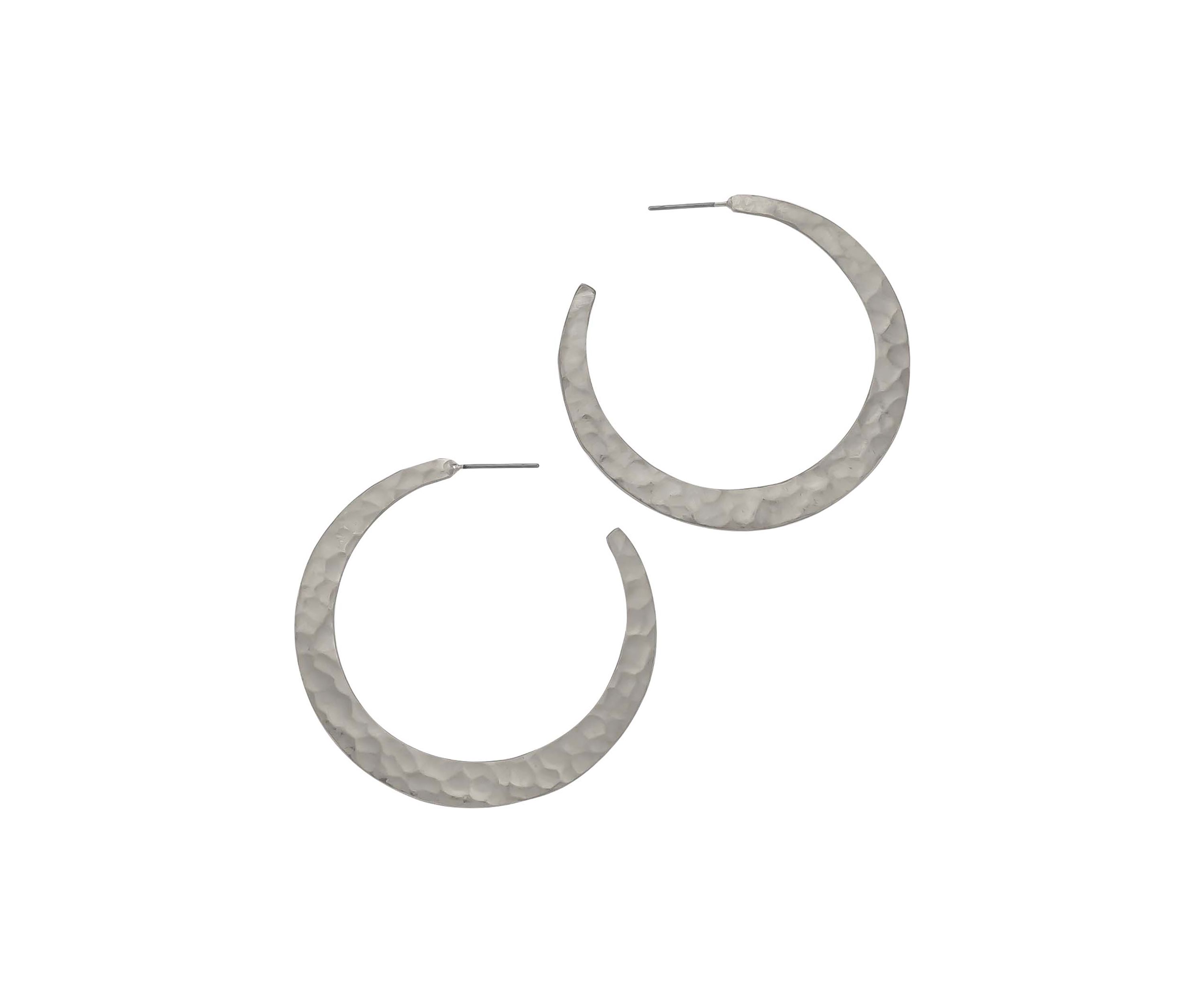 Silver Tone Flat Hammered Post Hoops 