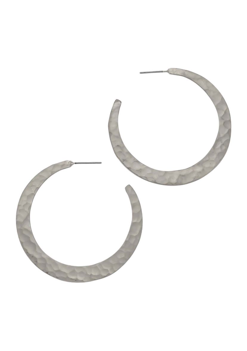 Silver Tone Flat Hammered Post Hoops 