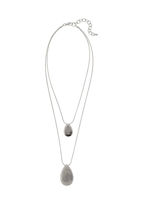 Silver Tone 2 Row Layered Teardrop Pendant Necklace