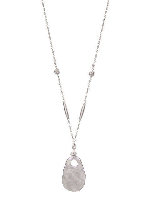 Silver Tone 34 Inch Organic Oval Pendant Necklace on Chain