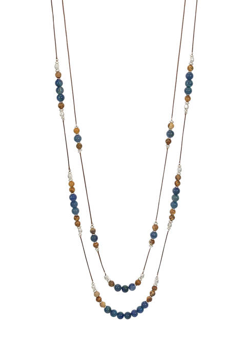 Silver Tone 36 Inch + 3 Inch Extender 2 Row Long Illusion Necklace On Cord with Blue Multi/Neutral Look of Semi Bead Stations 