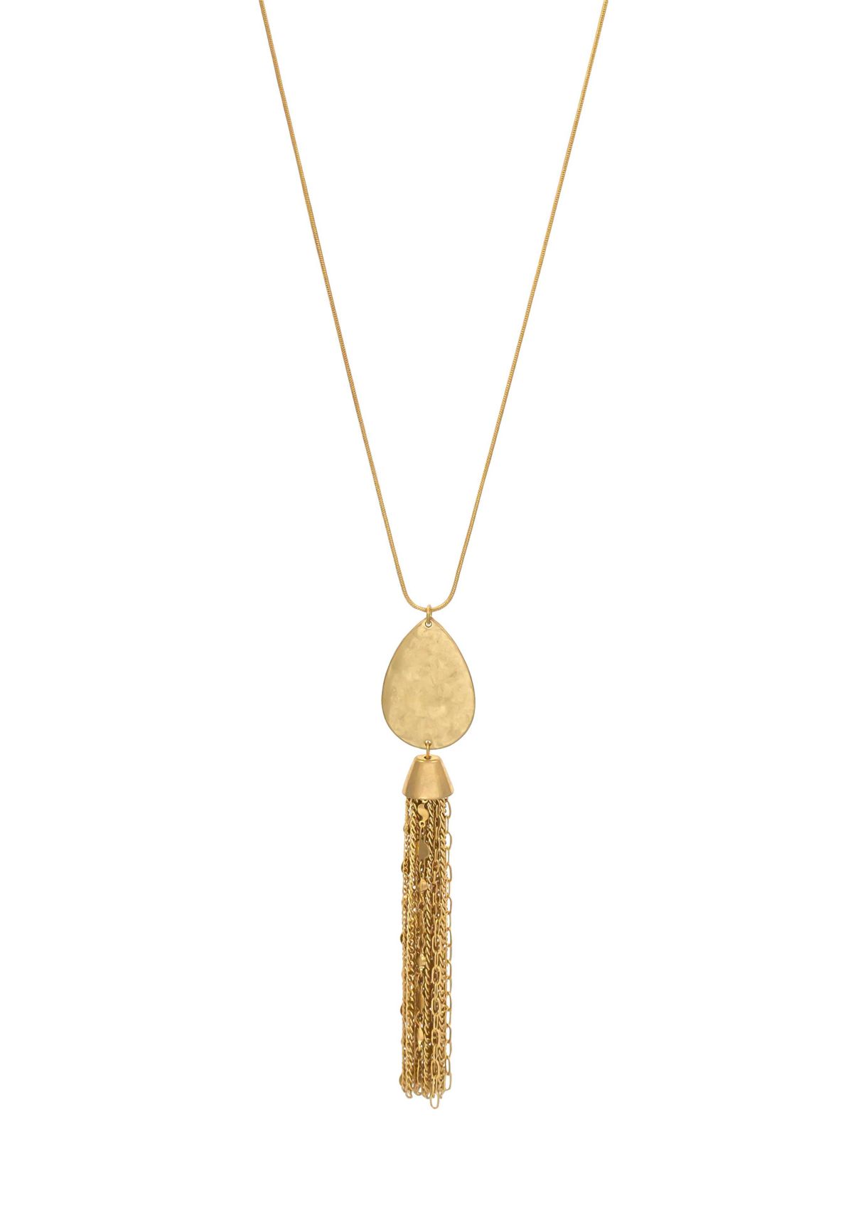 Gold Tone 30 Inch Long Teardrop Pendant Necklace with Multi Chain Tassel