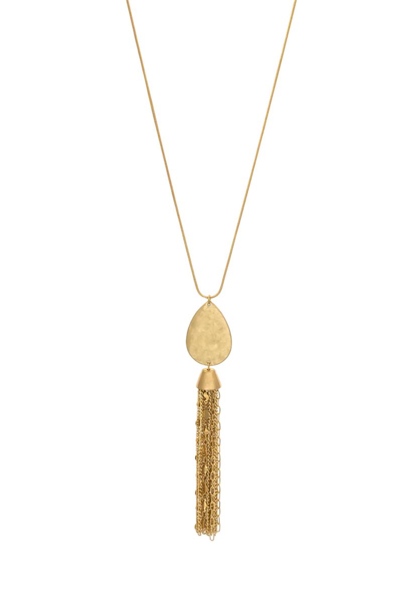 Gold Tone 30 Inch Long Teardrop Pendant Necklace with Multi Chain Tassel