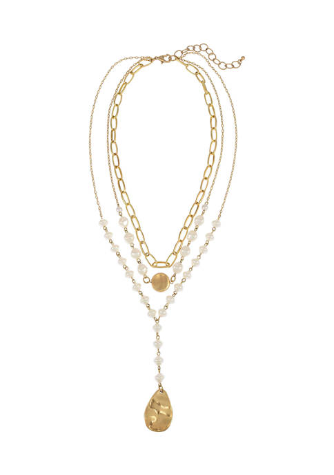 Gold Tone 3 Row Layered Link Pearl Y Necklace with Disc Drops