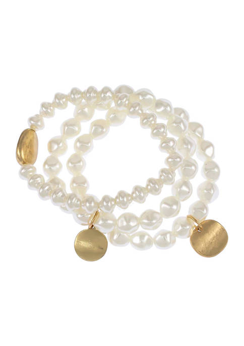 3 Row Pearl Stretch Bracelet with Disc Drops in Gold Tone Metal 