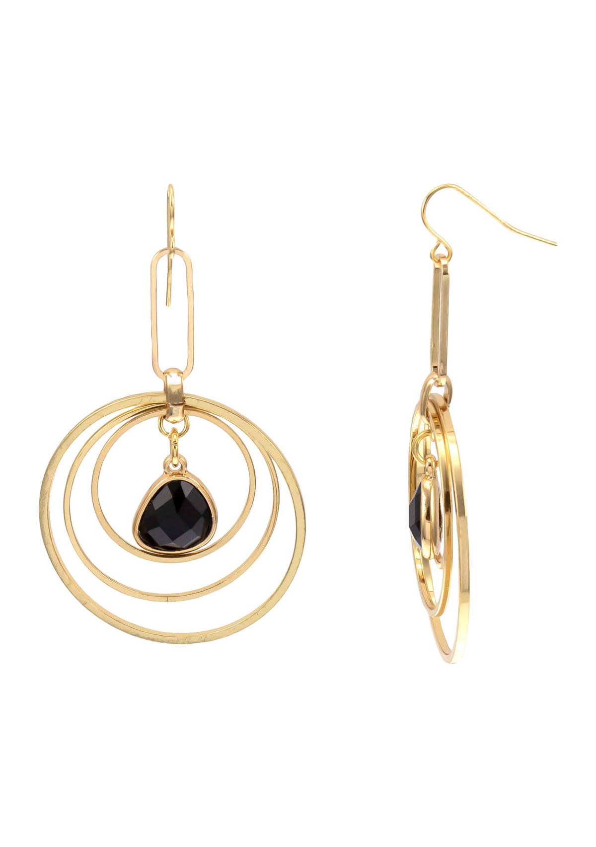 Gold Tone Triple Ring Orbital Earring with Jet Stone Drop Center on French Wire