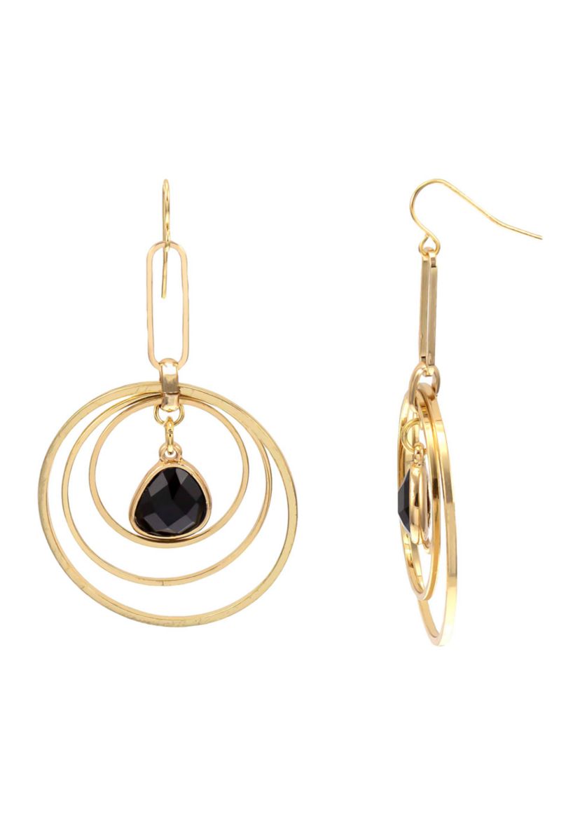 Gold Tone Triple Ring Orbital Earring with Jet Stone Drop Center on French Wire
