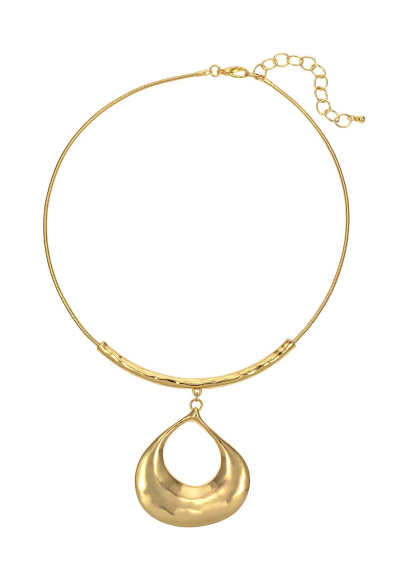 Gold Tone 14 Inch Neck Wire Necklace with Open Rounded Teardrop Pendant