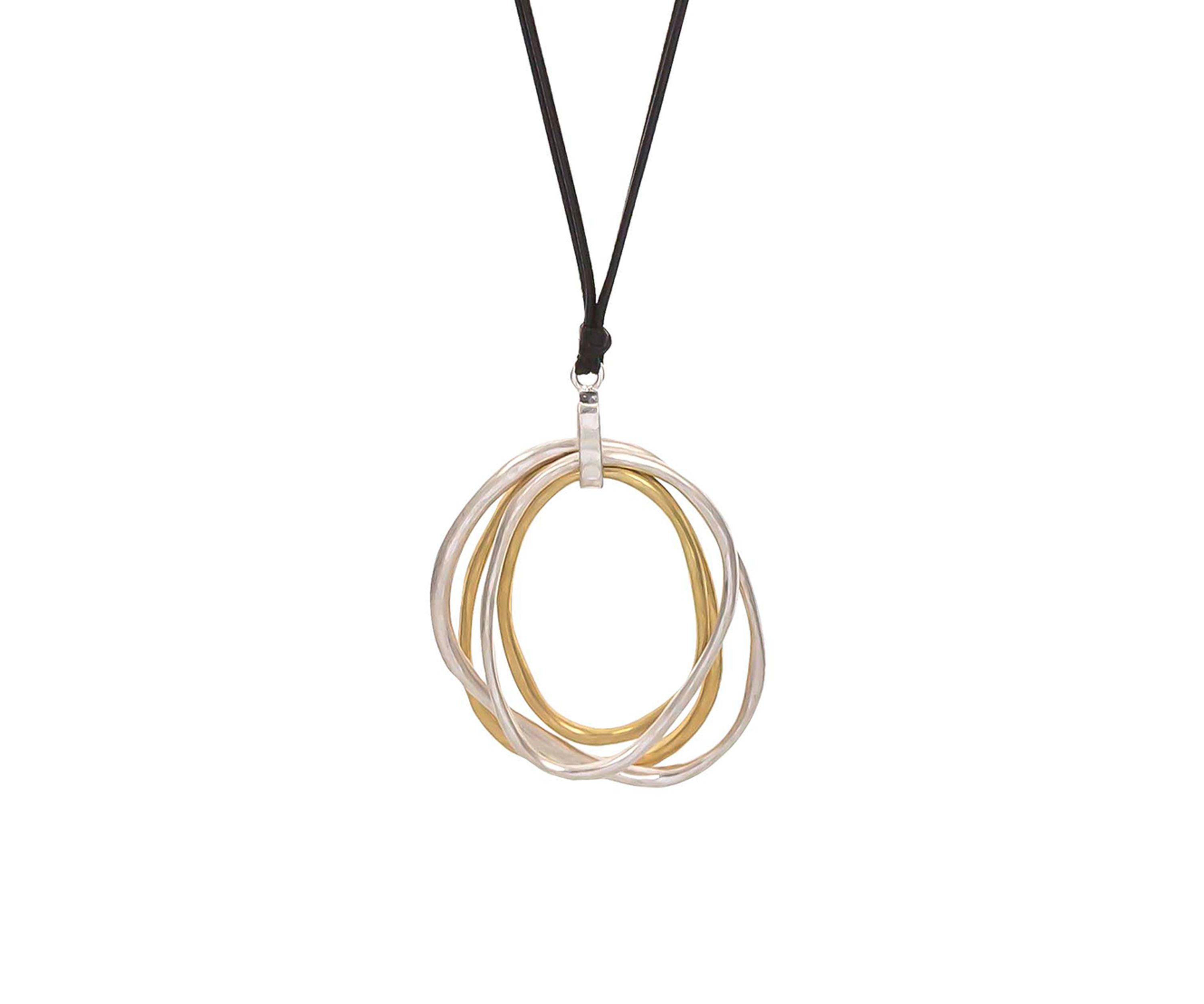 Two Tone Long Black Cord Necklace with Multi Open Ring Pendant 