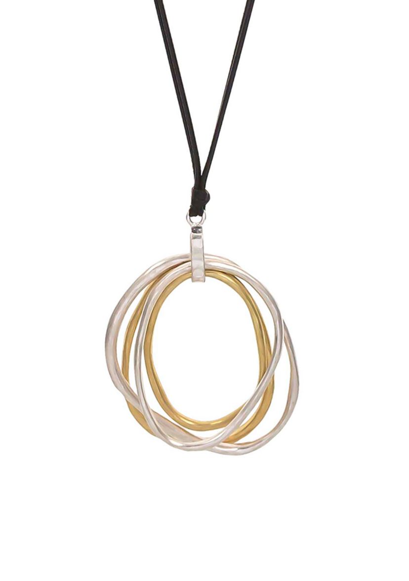Two Tone Long Black Cord Necklace with Multi Open Ring Pendant 