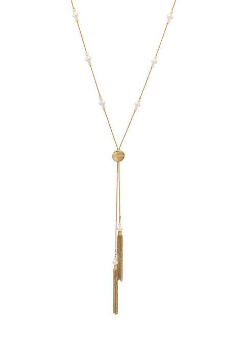 	 Gold Tone 28 Inch + 3 Inch Extender Long Y Necklace with Pearl Accent Station and Double Chain Tassel