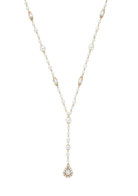 Gold Tone 34" + 3" Extender Long Pearl Y Necklace with Pearl Framed Stone Teardrop Pendant