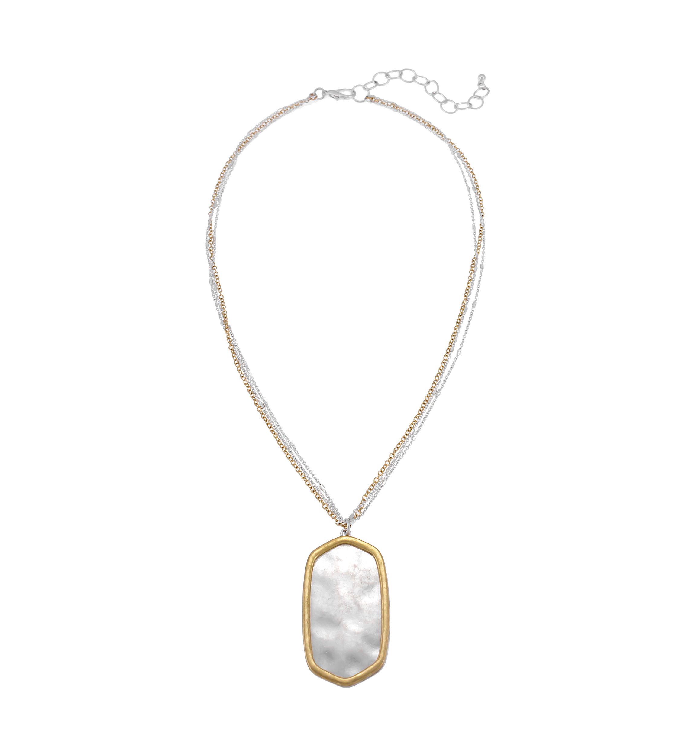 Two Tone Multi Row Chain Necklace with Framed Rectangle Pendant 