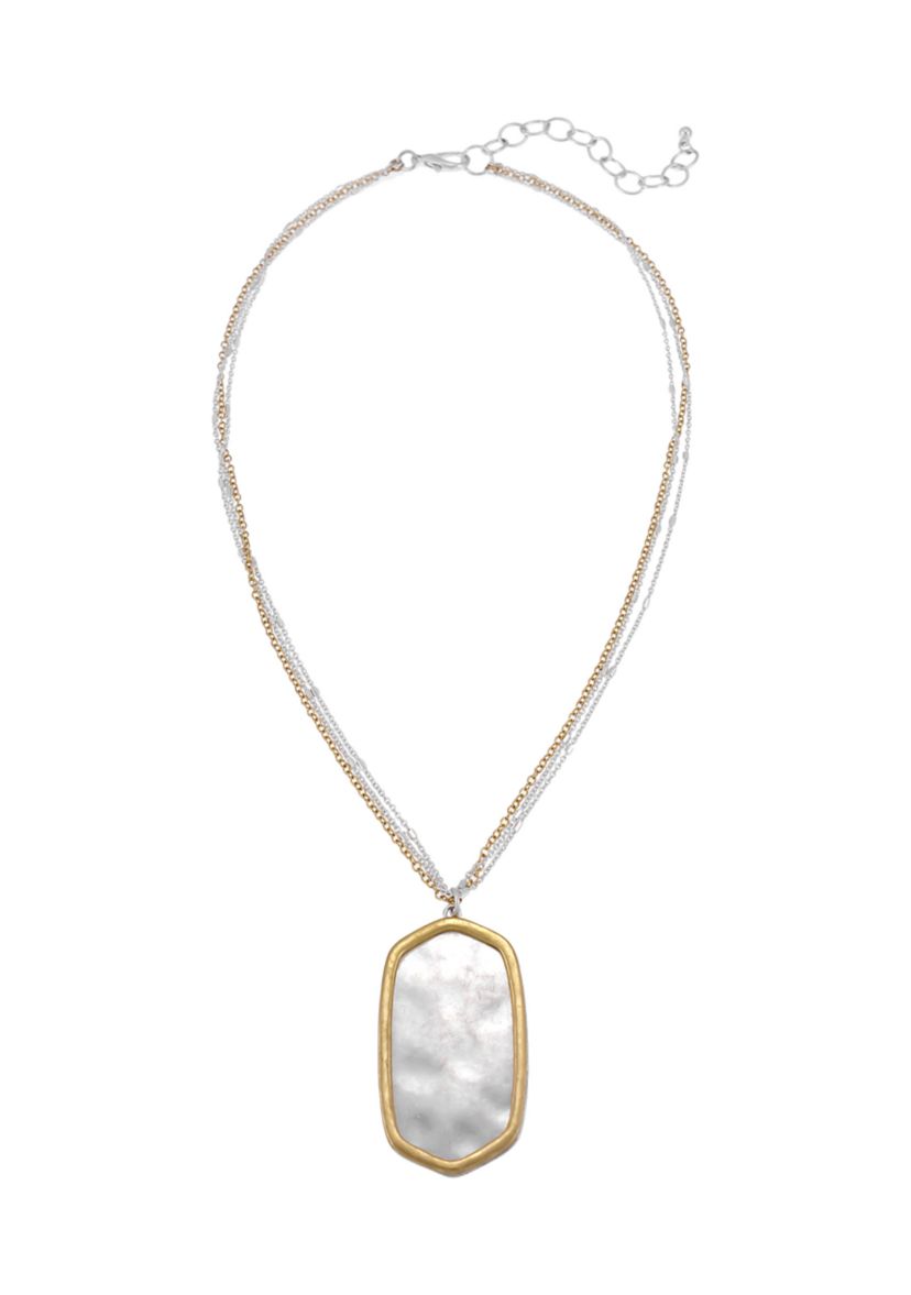 Two Tone Multi Row Chain Necklace with Framed Rectangle Pendant 