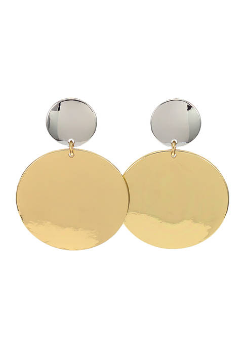Two Tone Round Disc Clip Earrings with Large Round Disc Drop