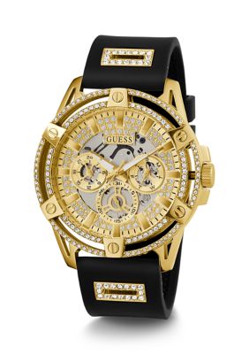 Guess Men's Gold Tone Case Black Silicone Watch