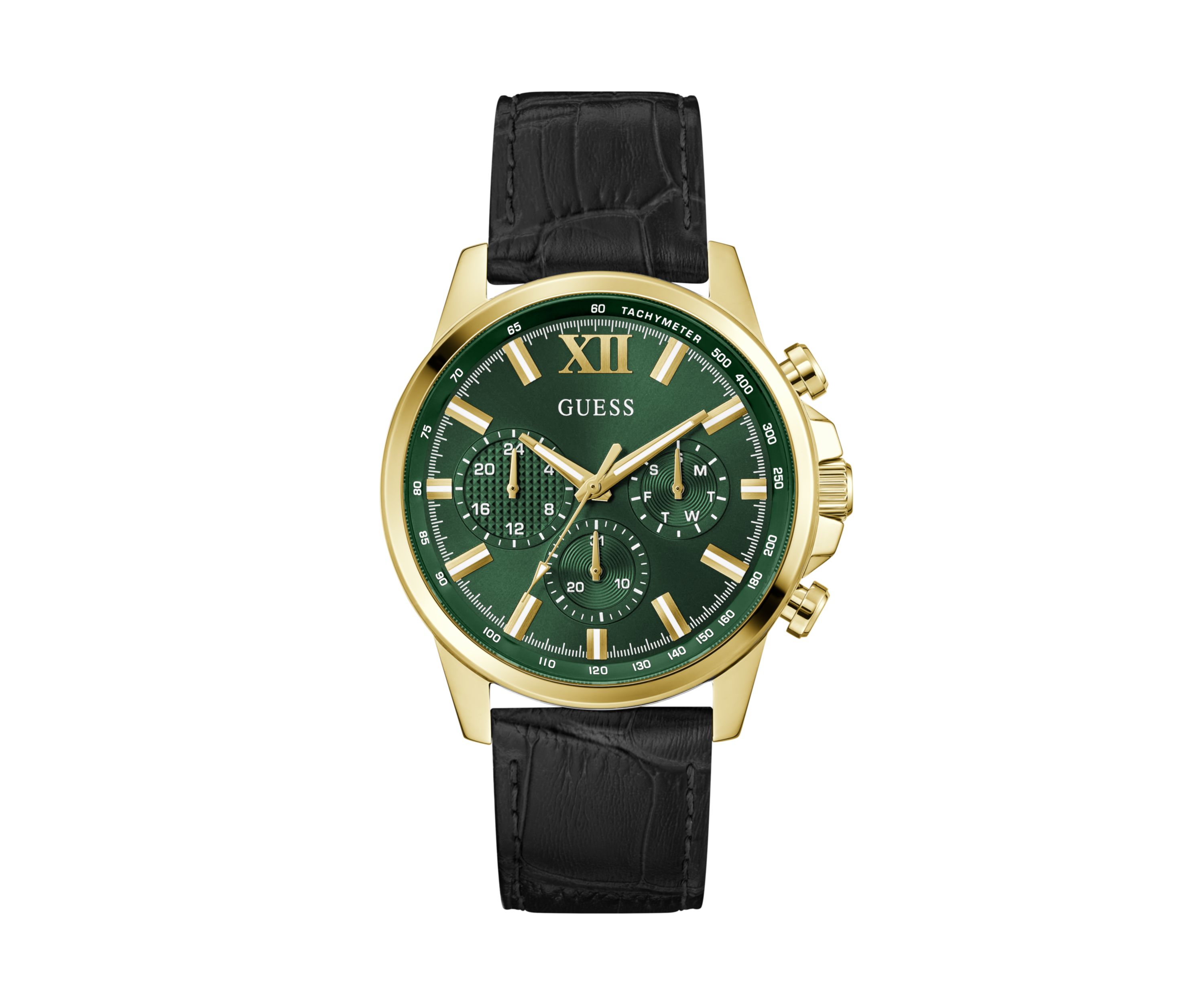 Gold Tone Black Strap Multi Function Watch