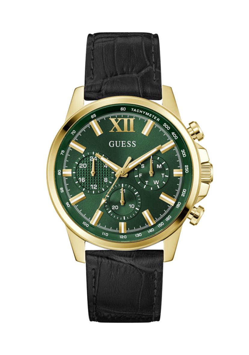 Gold Tone Black Strap Multi Function Watch