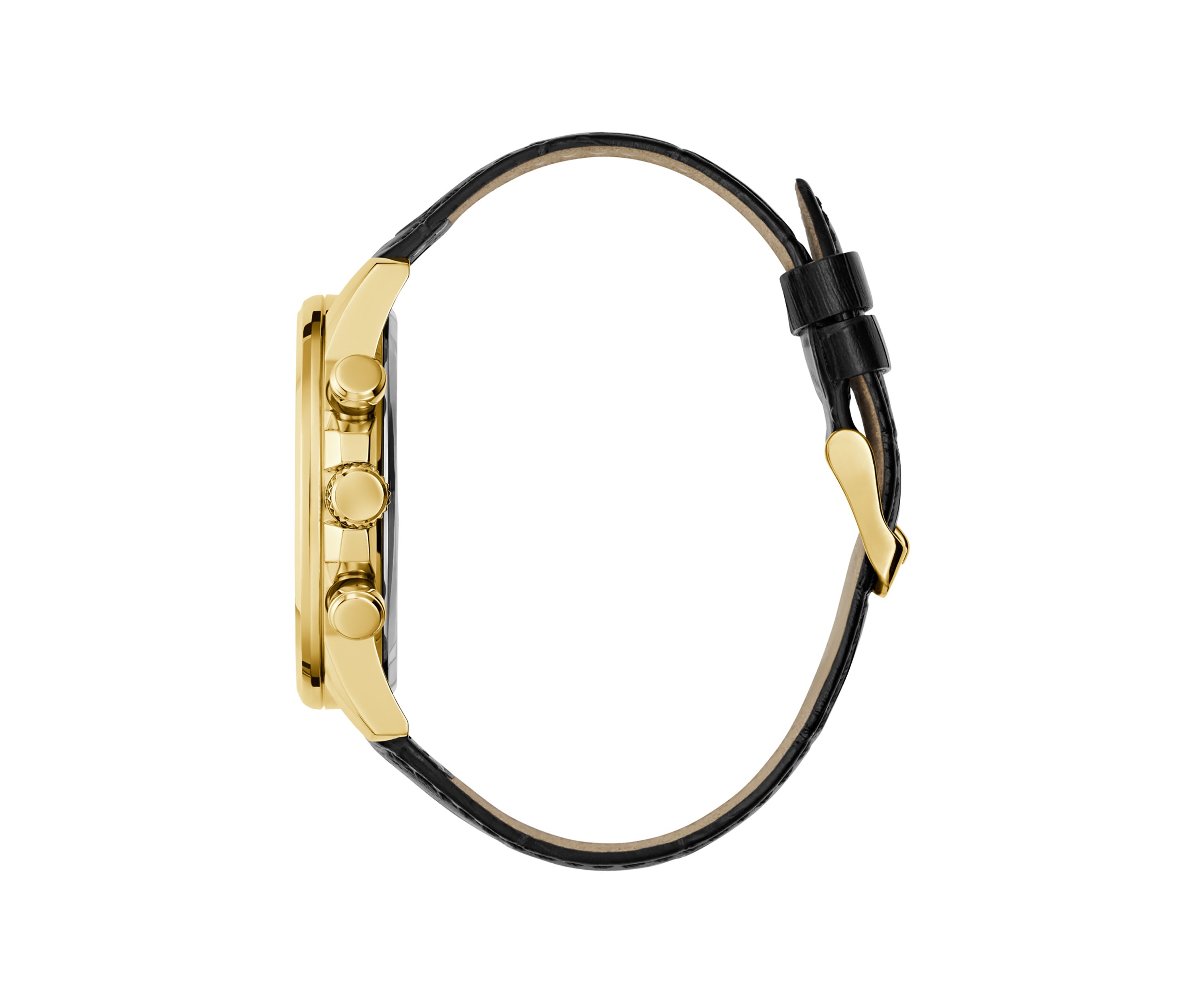 Gold Tone Black Strap Multi Function Watch