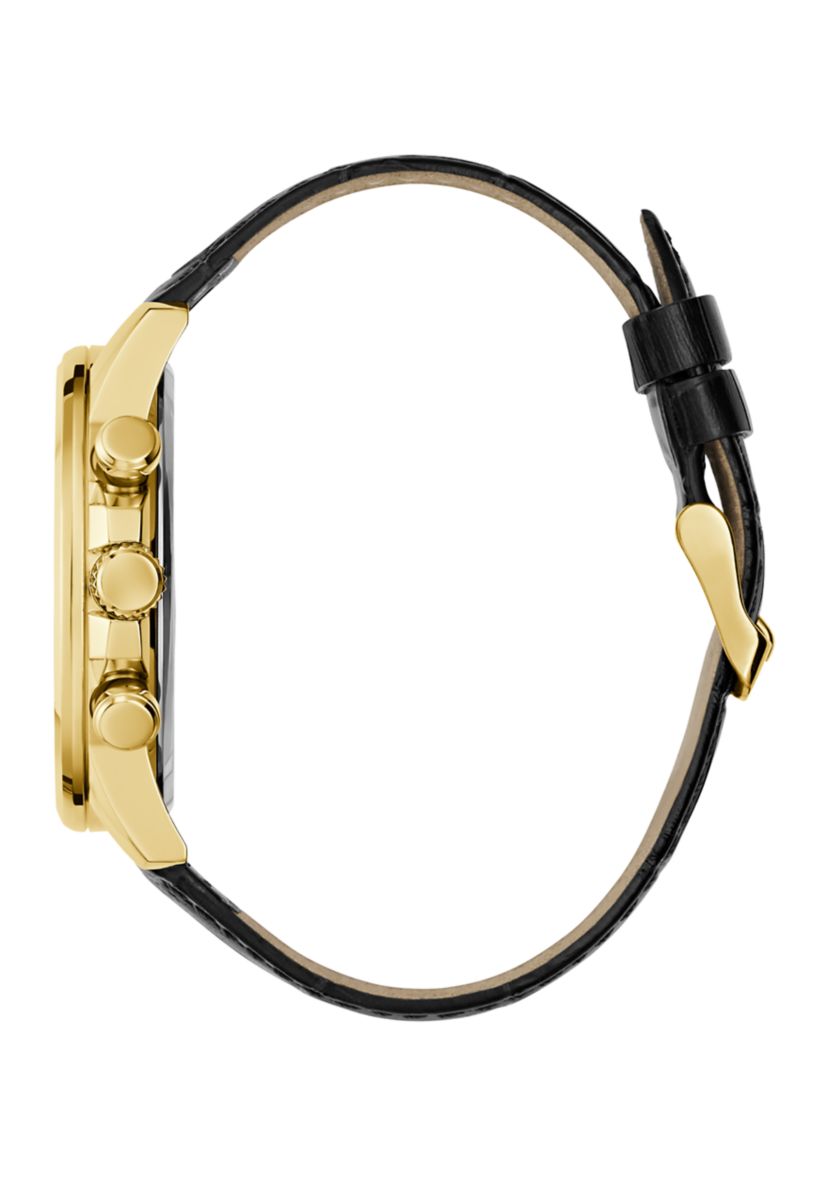 Gold Tone Black Strap Multi Function Watch