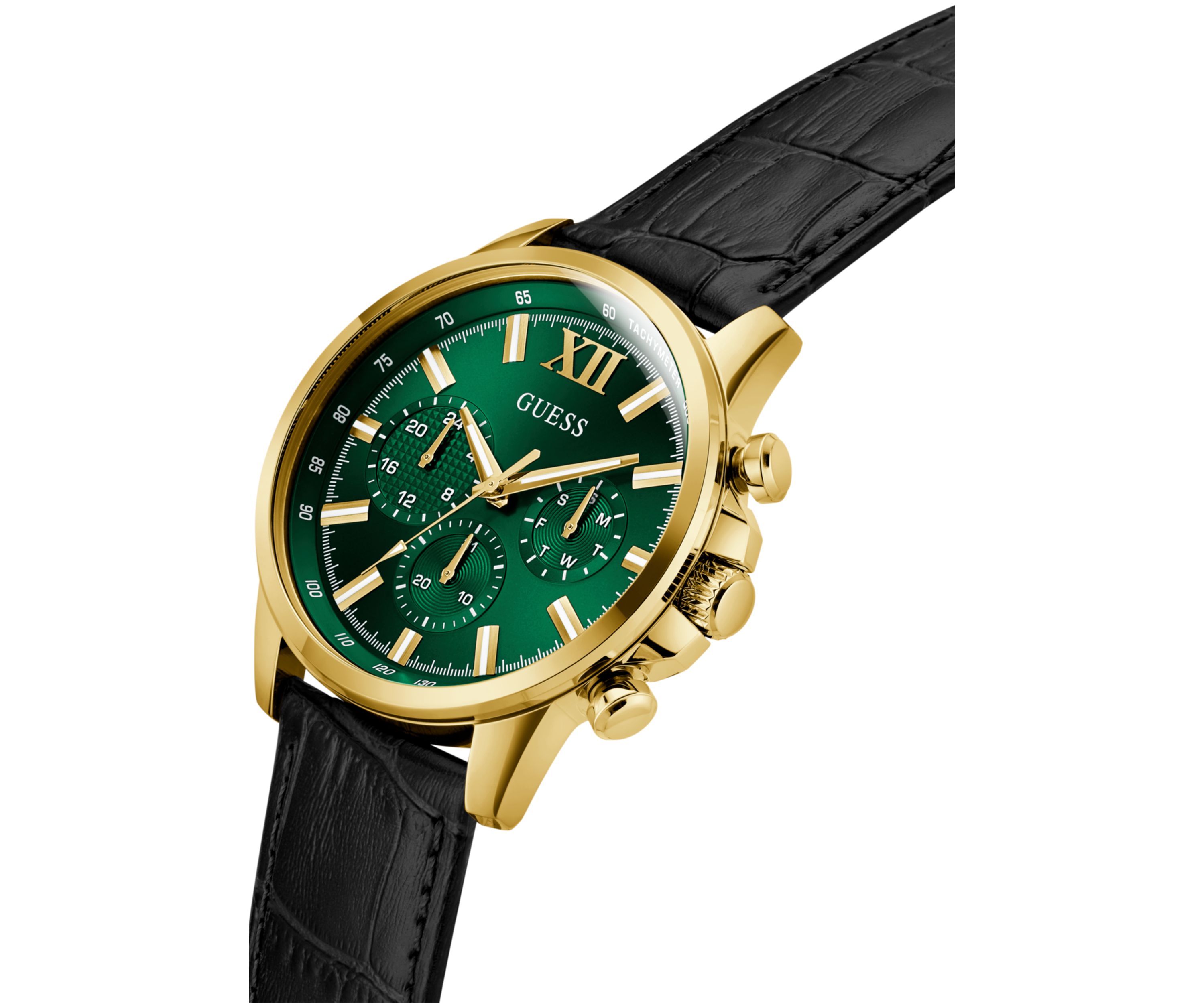 Gold Tone Black Strap Multi Function Watch