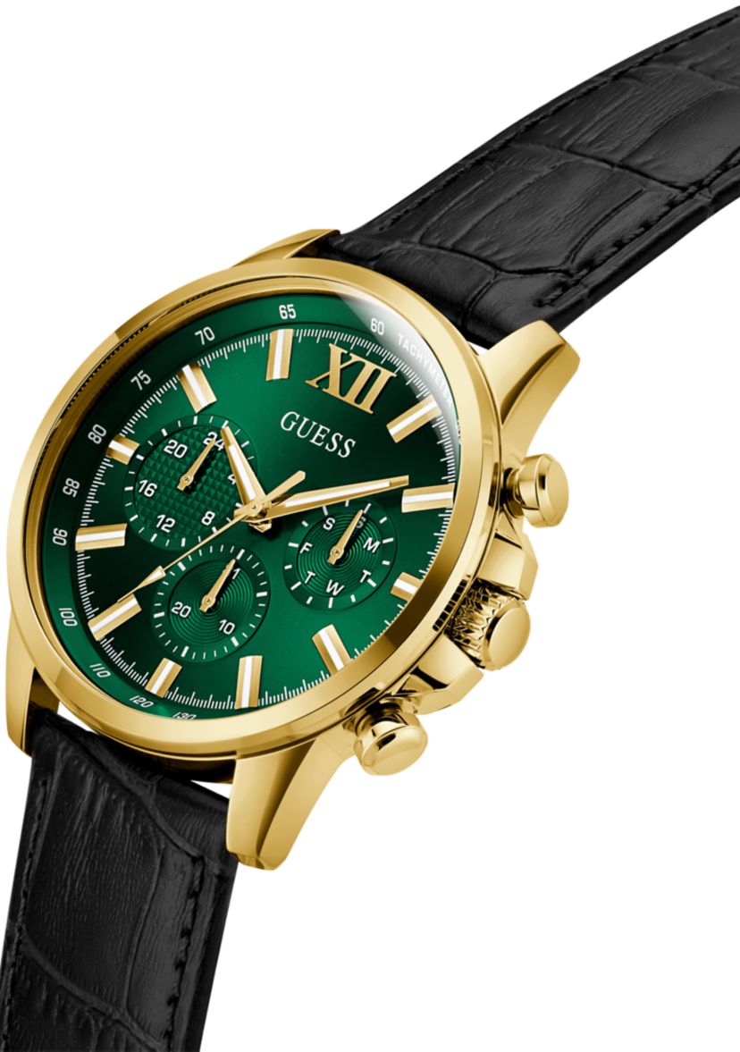Gold Tone Black Strap Multi Function Watch