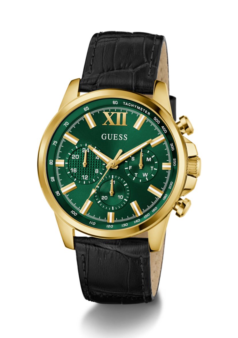 Gold Tone Black Strap Multi Function Watch