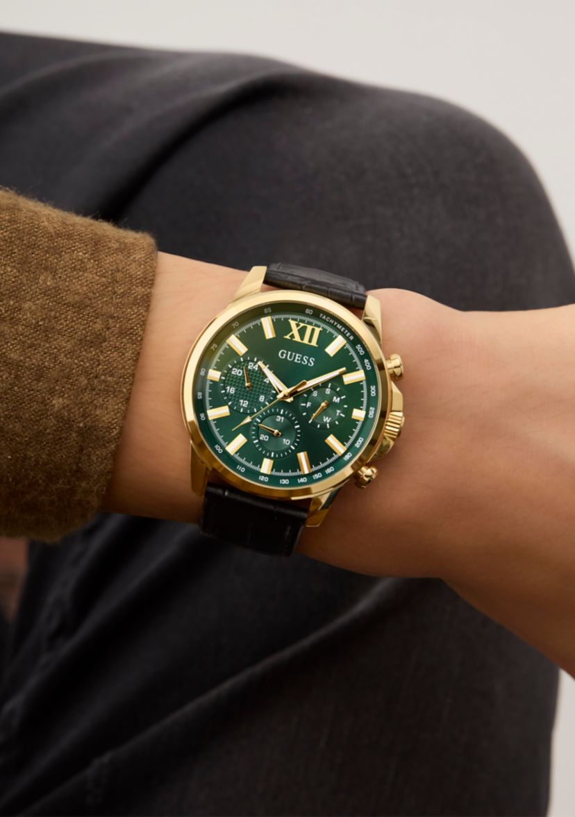 Gold Tone Black Strap Multi Function Watch