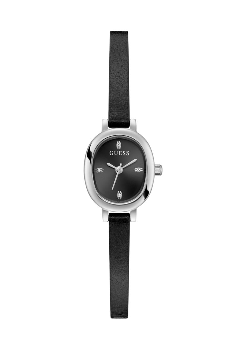 Silver Tone Thin Black Leather Strap Watch