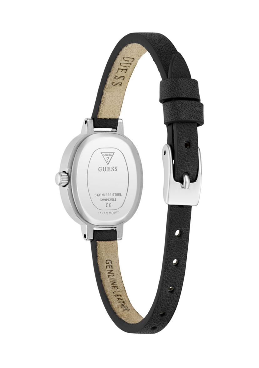 Silver Tone Thin Black Leather Strap Watch